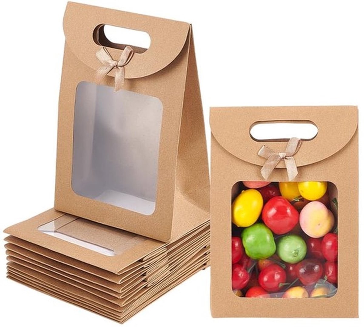 12 Stuks Geschenkzakje met Venster, 7.11x19.81x19.56cm Stand Up Kraft Papieren Zakken met Handvatten Bruin voor Snoep Koekjes Verpakking Bruiloft Kerstfeest Winkel Detailhandel, Tan