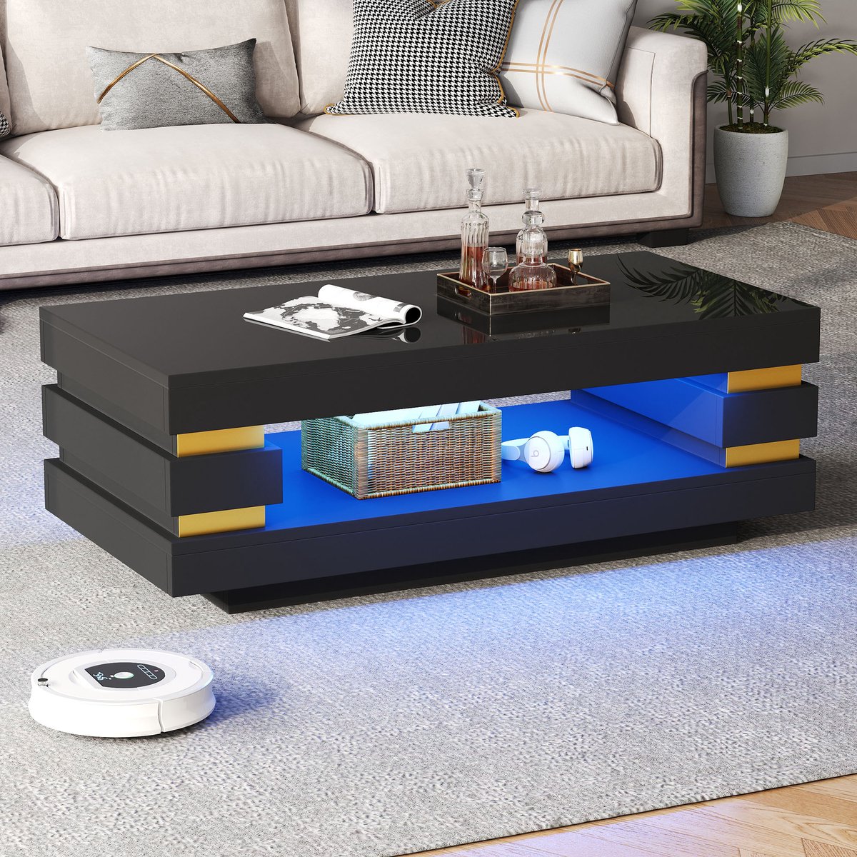 PHOEBE CAT Salontafel - Hoogglans - LED-verlichting - Opbergruimte - 100 × 50 × 35 cm - Spaanplaat - Zwart