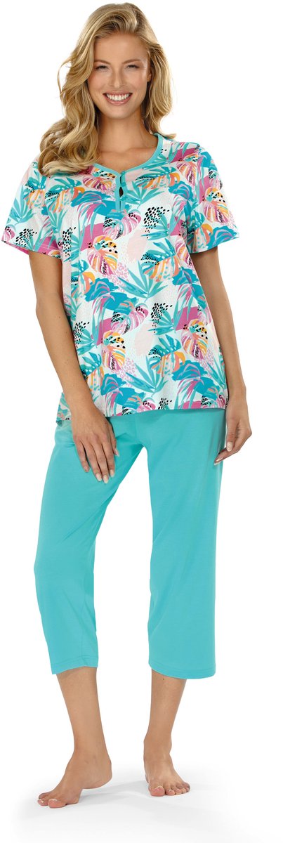 Comtessa Ascafa Capri Pyjama 'Colorful Palms' - Dames Nachtmode - Korte Mouw - Katoen Turquoise