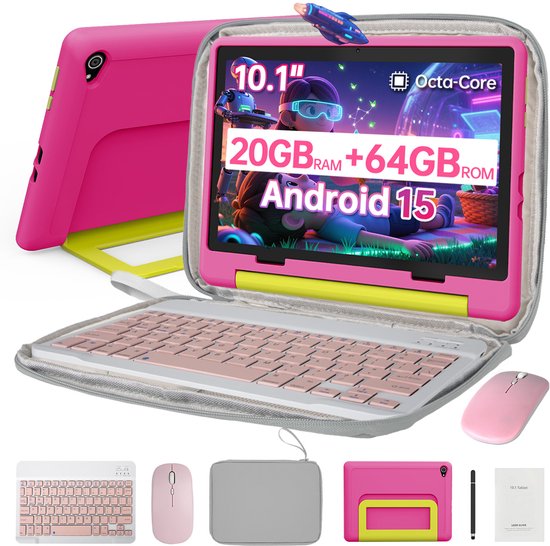 10.1 Kindertablet – Android 15 Tablet met Toetsenbord – Grijs Tablet Hoes Sleeve – Stylus - Muis – 20GB RAM/64GB ROM - Ouderlijk Toezicht – Vanaf 3 Jaar