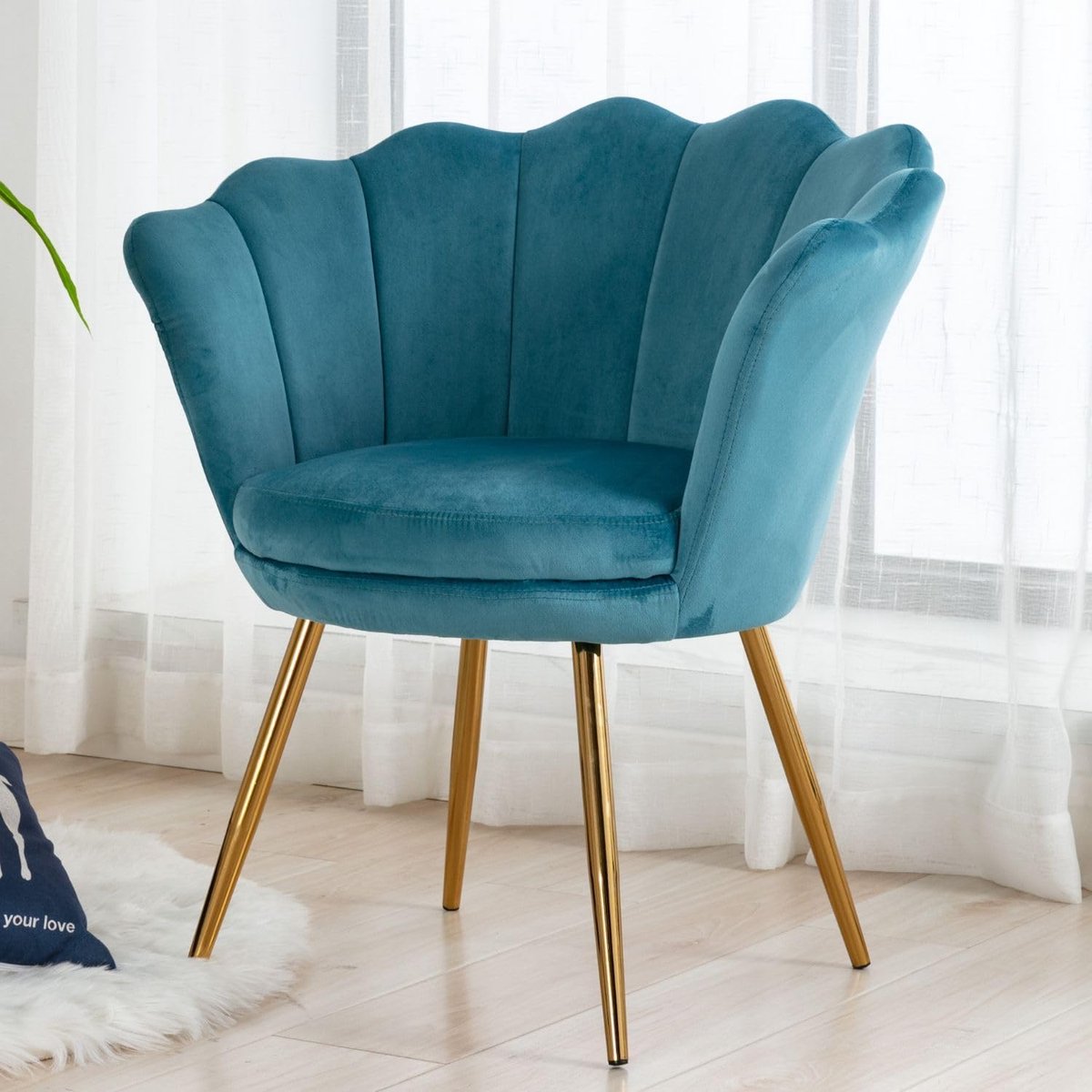 Make-uptafelstoel Schelpstoel Teddystof - Loungestoel met Armleuningen, Gouden Metalen Poten, Fauteuil Zwart voor Woonkamer en Slaapkamer - 42x44x76 cm - Vermissen