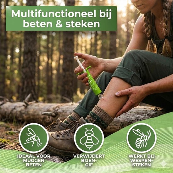 Vrouw in bos gebruikt groene Venomkiller extractor op been. "Multifunctioneel bij beten & steken."