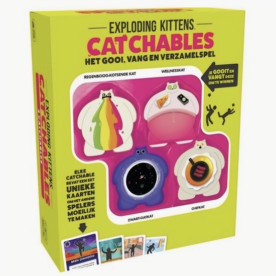 Doos met Exploding Kittens Catchables: Regenboog-kotsende kat, Wellnesskat, Zwart-gatkat en Chefkat.