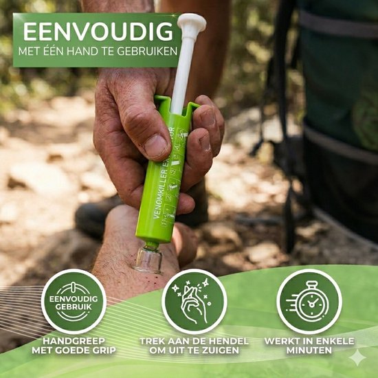 Hand gebruikt groene Venomkiller extractor op onderarm. "Eenvoudig met één hand te gebruiken. Werkt in enkele minuten."