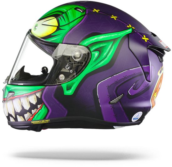 Paarse helm met een griezelige groene Goblin-print. De helm heeft een grote mond met scherpe tanden.