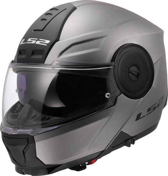 Casque modulable Ls2 gris titane mat avec visière fumée et accents gris foncé.