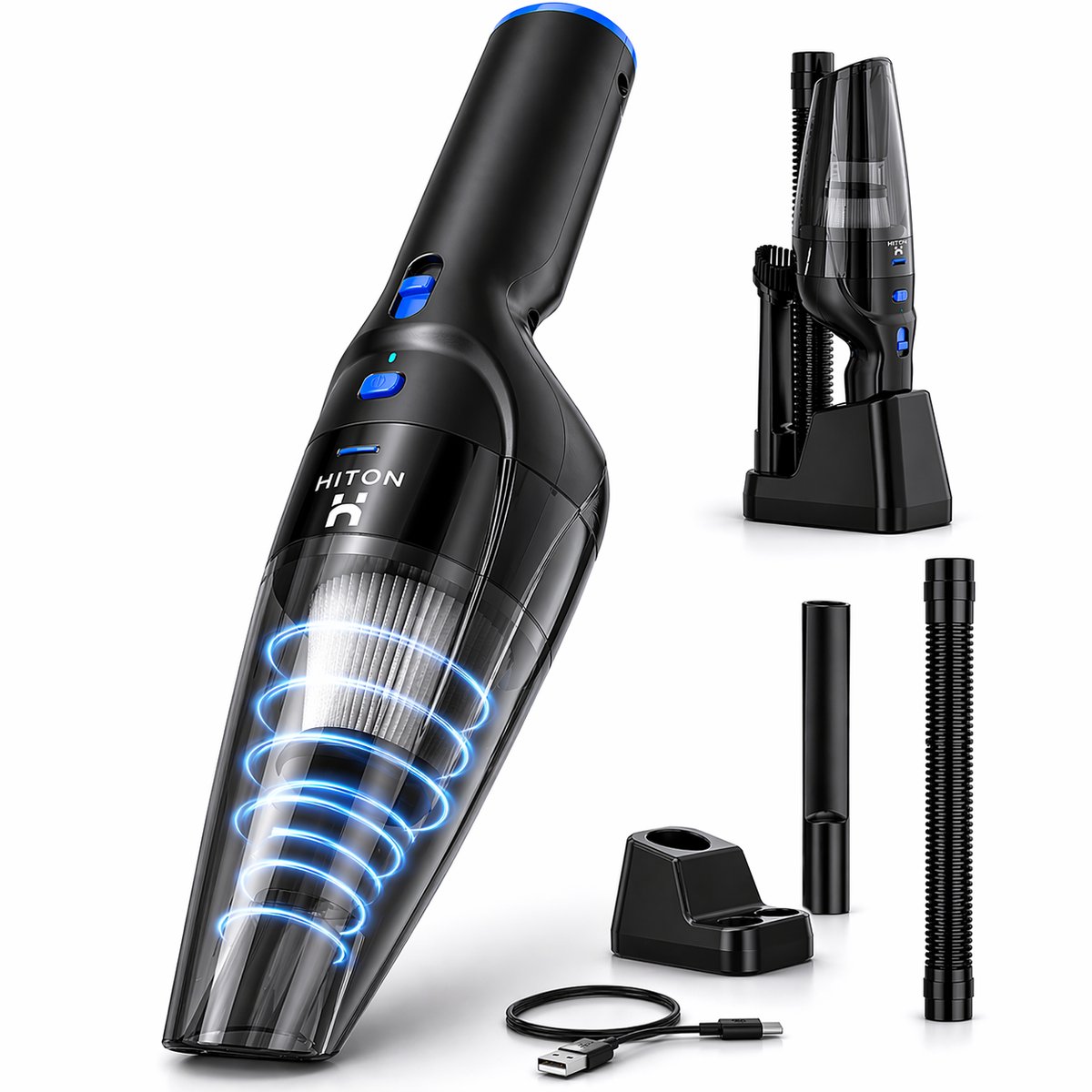 Bol.com Hiton Kruimeldief snoerloos - Handstofzuiger - Auto stofzuiger - Kruimelzuiger - Oplaadstation - Zwart - 3 opzetstukken aanbieding