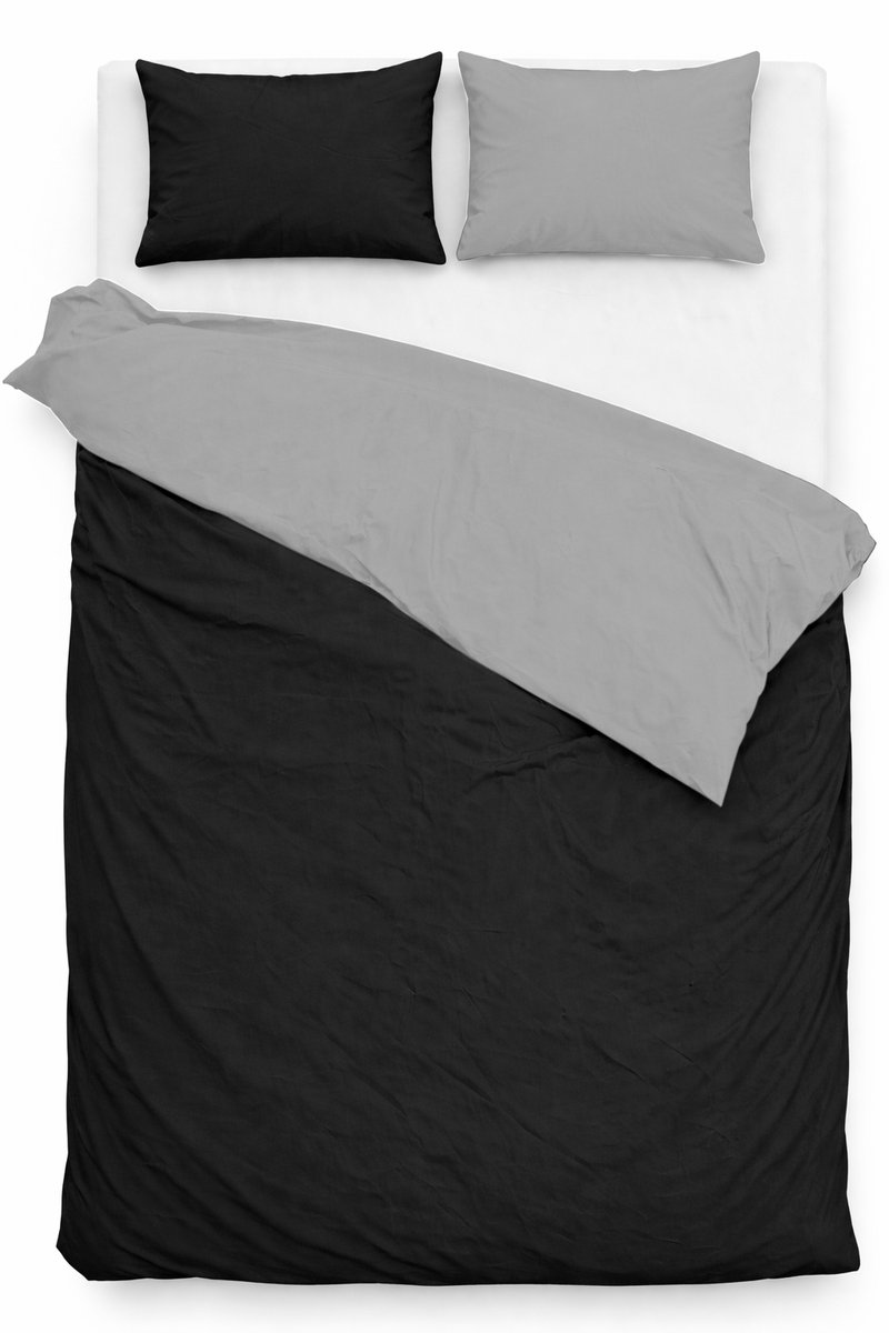 Lovéron DuoVibe - Dekbedovertrek Effen - Tweepersoons - Katoen - 200x200/220 cm - Zwart/Grijs
