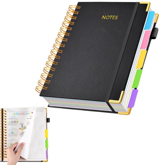 A5 Notitieboek – Dagboek – Planner – Notitieboek met ringband en lijntjes – Leren omslag – 300 pagina's – Inclusief opbergvak – Met uitneembare tussenschotten – Voor werk, studie, notities maken, dagboekschrijven (15 x 21,5 cm – Zwart)