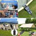 Collage van camping scène, zwarte tentklemmen op zeilen, en waslijnen.