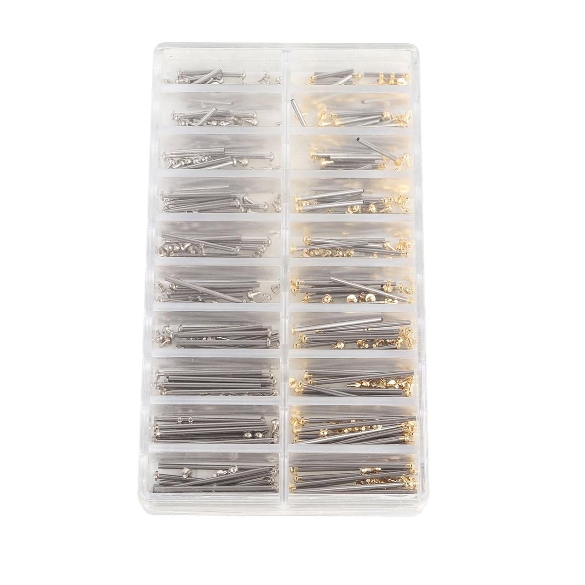 Roestvrijstalen Schroefbuis voor Horlogeband, 10 Maten, 1.3 Mm Breed, Reparatietool met Opbergdoos, 200 Stuks in Goud en Zilver voor Horlogeherstel en Accessoires