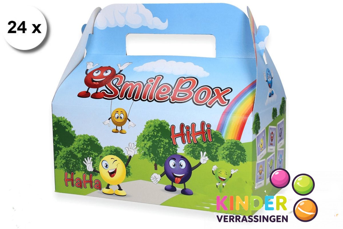 24 stuks menubox smulbox traktatiedoosje - SMILE - Emotie - Lachgezicht - 22 (lengte) x 11.5 (breedte) x 10 cm hoogte tot vouwpunt - uitdeeldoosje - kinderfeestje