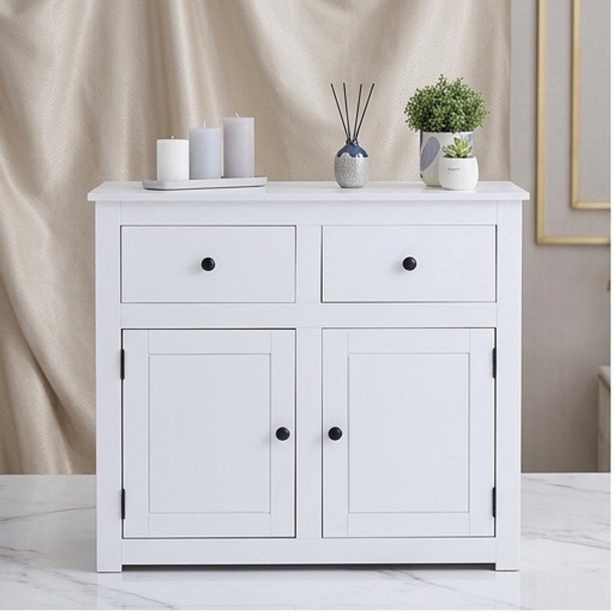 Landelijke Massief Houten Commode 2 Deuren 2 Laden – Wit Grenen Dressoir Mexico Stijl – 93 cm Opbergkast voor Woonkamer, Slaapkamer & Hal – Mobili Bella