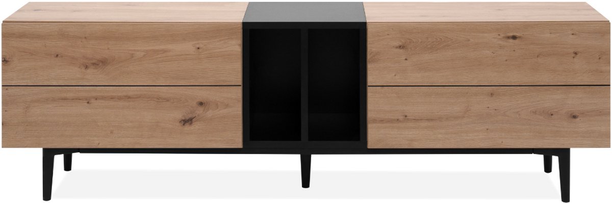 CALICOSY - TV-meubel met 2 opklapbare deuren en 2 open vakken, decor in eikenhout en zwart, L160 cm - LYDEN