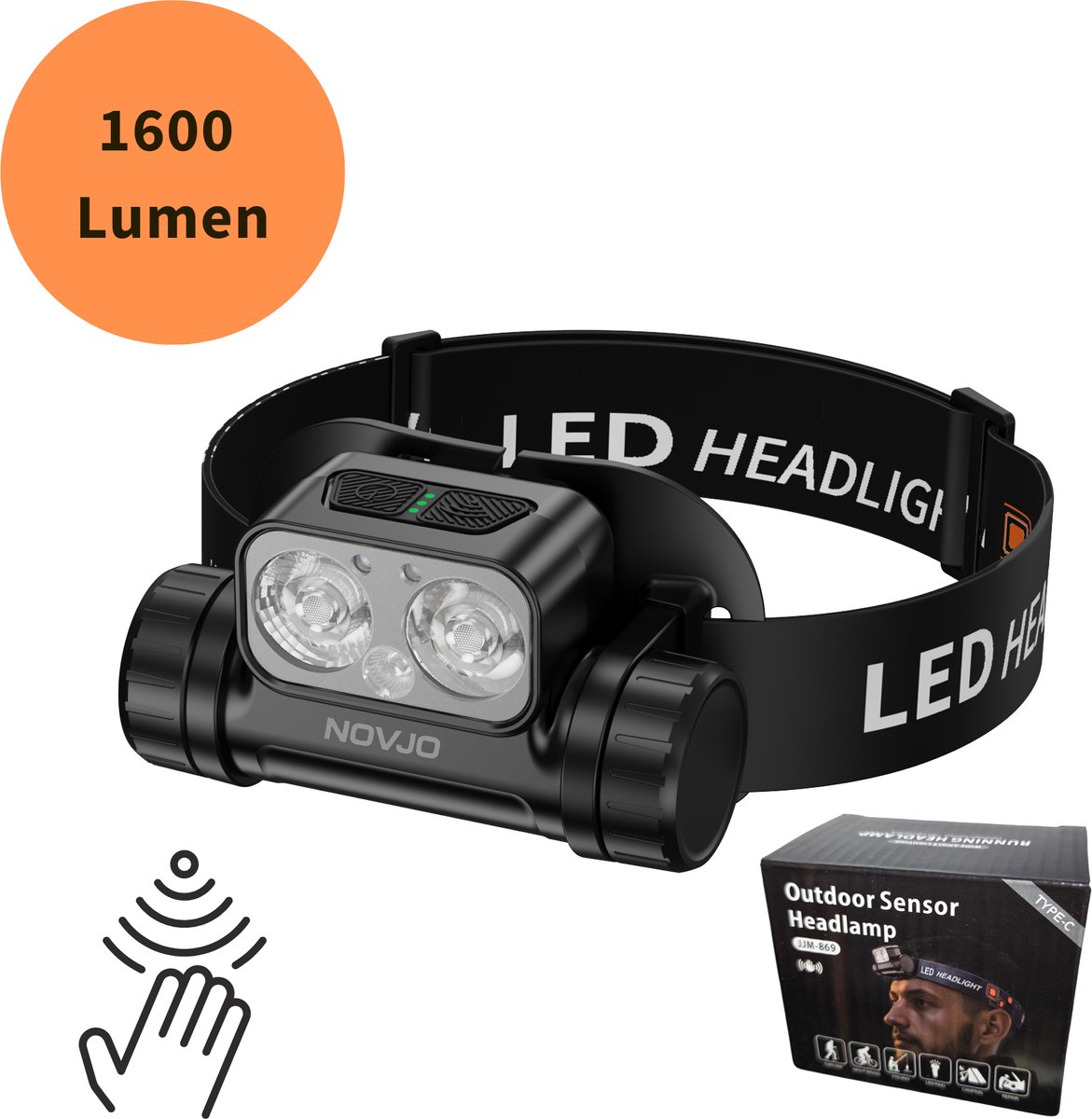 NOVJO® Hoofdlamp 1600 Lumen – 3000mAh – IPX4 Waterdicht – USB-C Snelladen – Sensorfunctie – Perfect voor Noodpakketten & Outdoor