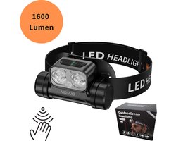 NOVJO® Hoofdlamp 1600 Lumen – 3000mAh – IPX4 Waterdicht – USB-C Snelladen – Sensorfunctie – Perfect voor Noodpakketten & Outdoor
