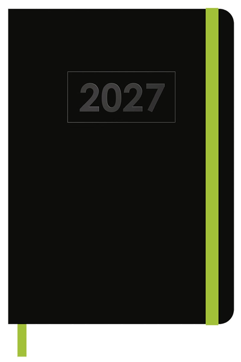 MGPcards - A5 Agenda 2027 - Sluiting Elastiek - Weekoverzicht 1w/2p - Zwart + Groen elastiek - Ruime vakken - 14,8 x 21 cm