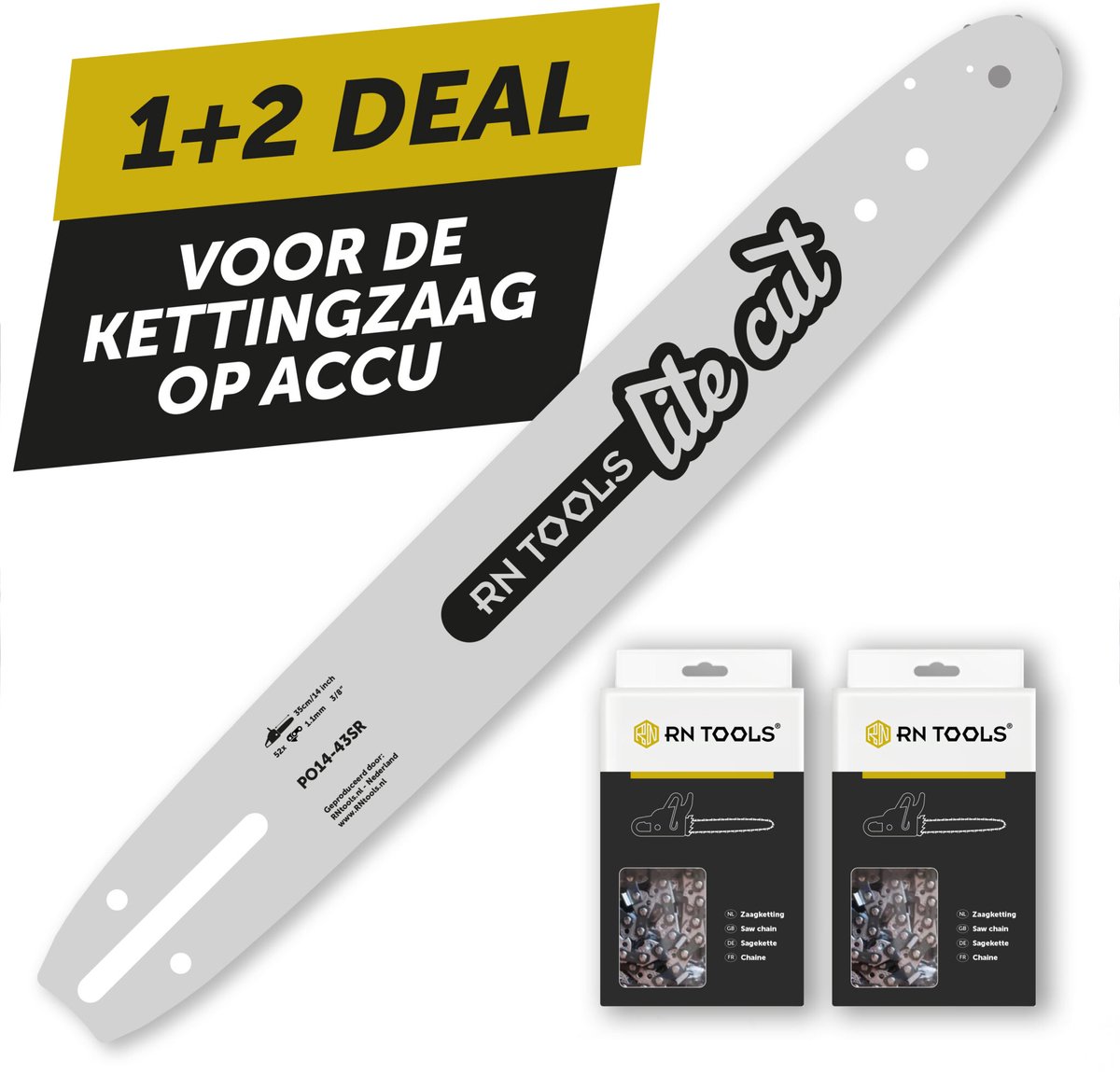 RNtools Kettingzaagblad 35 cm 3/8 1.1 mm (0.043") LiteCut + 2x RNtools Zaagketting 3/8 1.1 mm (0.043") 52 schakels voor Accu Kettingzaag van DeWalt, Milwaukee, Makita, EGO
