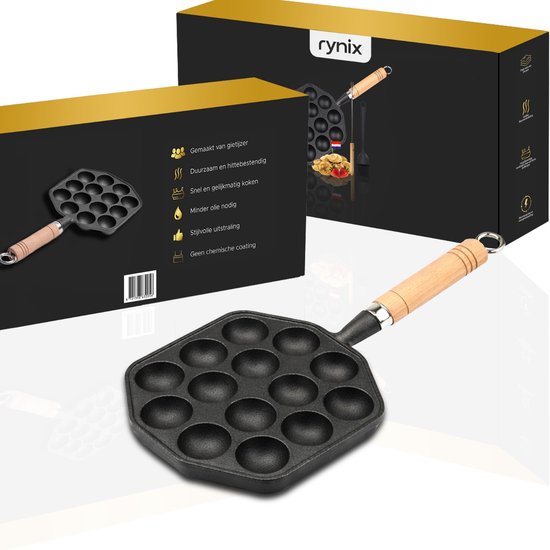 Gietijzeren poffertjespan met 14 holtes en houten handvat, naast een doos met productinformatie en accessoires.