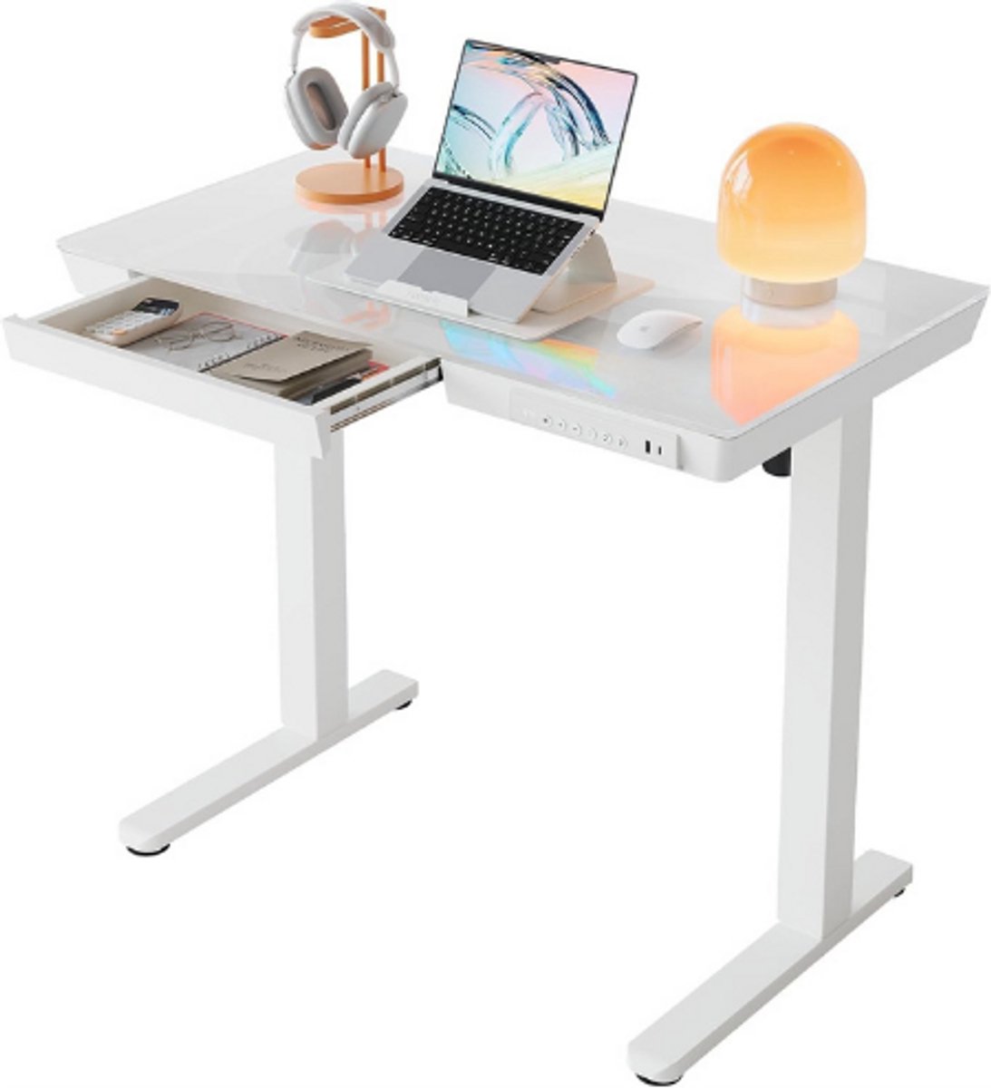 HUANUO Glazen Verstelbaar Bureau In Hoogte Met Lade - Elektrisch Zit Sta Bureau Met USB Oplaadpoort - 3 Geheugenstanden - Compact Design 88x50 - Wit