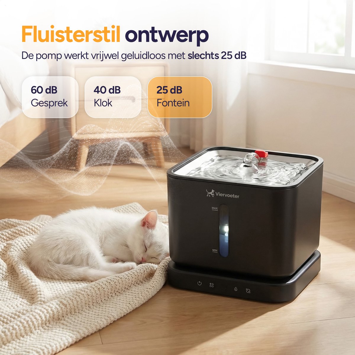 Viervoeter® Draadloze Drinkfontein RVS - Sensor Waterfontein voor Kat en Hond - Inclusief 3 filters en los te koppelen accu - 3L - 30d batterijduur thumbnail 6
