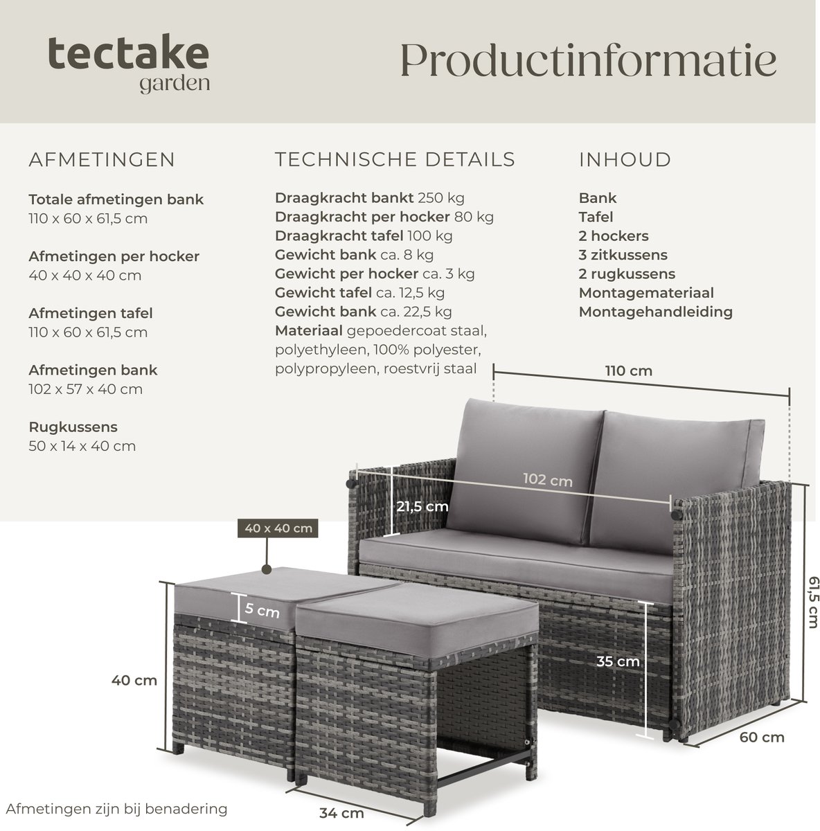 tectake® 2-in-1 Wicker Loungeset - Modulaire Tuinset - Te gebruiken als Tuinbank en Voetenbankjes - Tuintafel - Zitgroep voor 2 of 4 Personen - 110 x 60 cm - Tuinmeubelen - Voor Tuin, Balkon en Terras - Inclusief Kussens - Grijs – foto 8