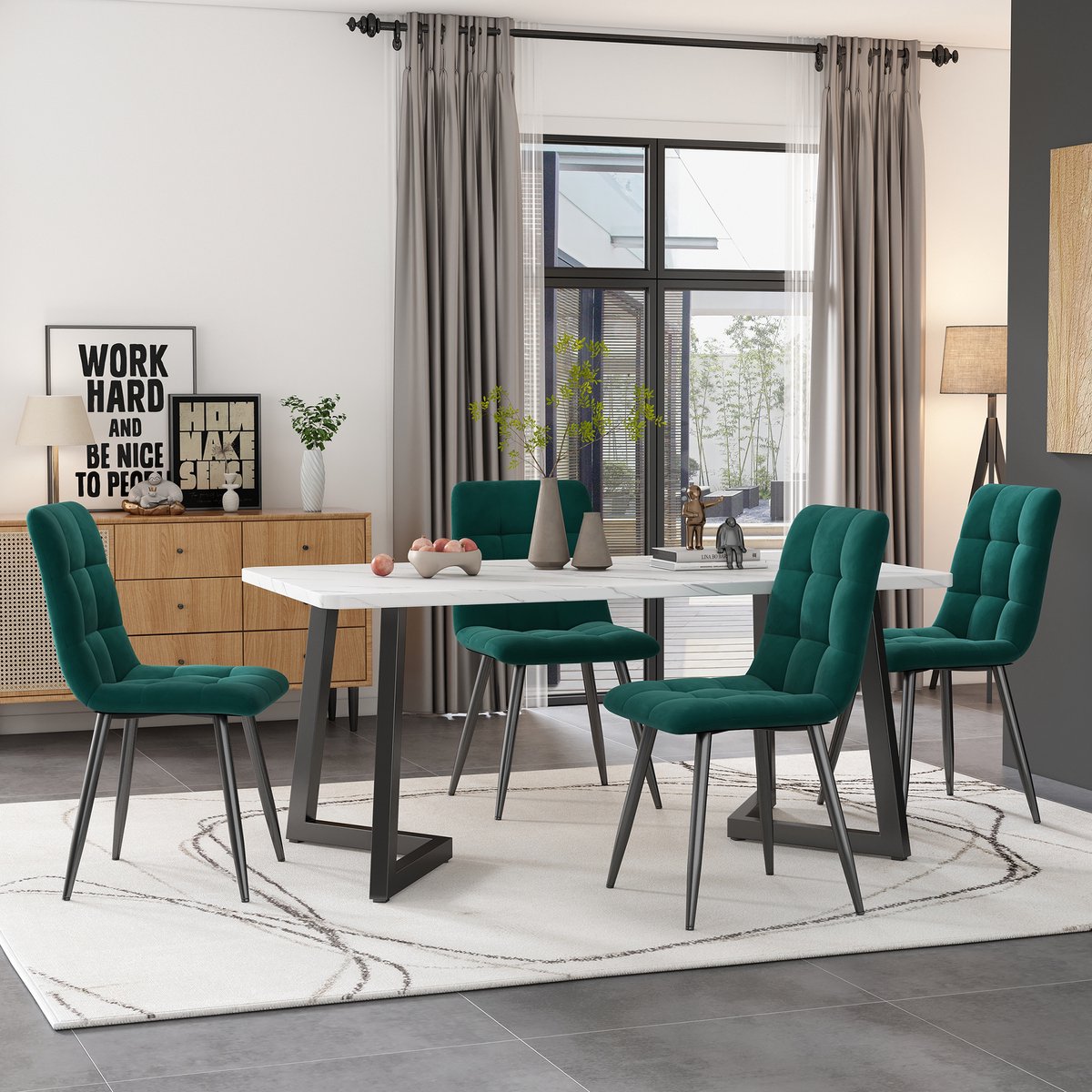 MIVRAY Eettafelset Met 4 Stoelen - Rechthoekige Tafel Met Compact Onderstel - Voor Keuken En Eethoek - MDF Groen - 117x68x75 Cm