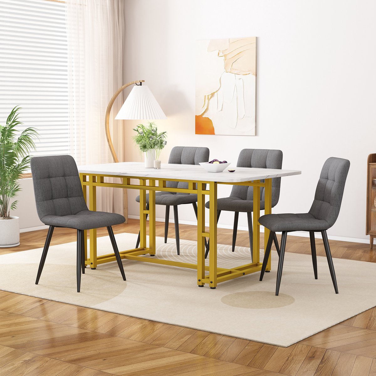 MIVRAY Eettafelset 120 Cm - Met 4 Gestoffeerde Stoelen - Voor Eetkamer En Woonkamer - MDF En Linnen - Grijs En Goud