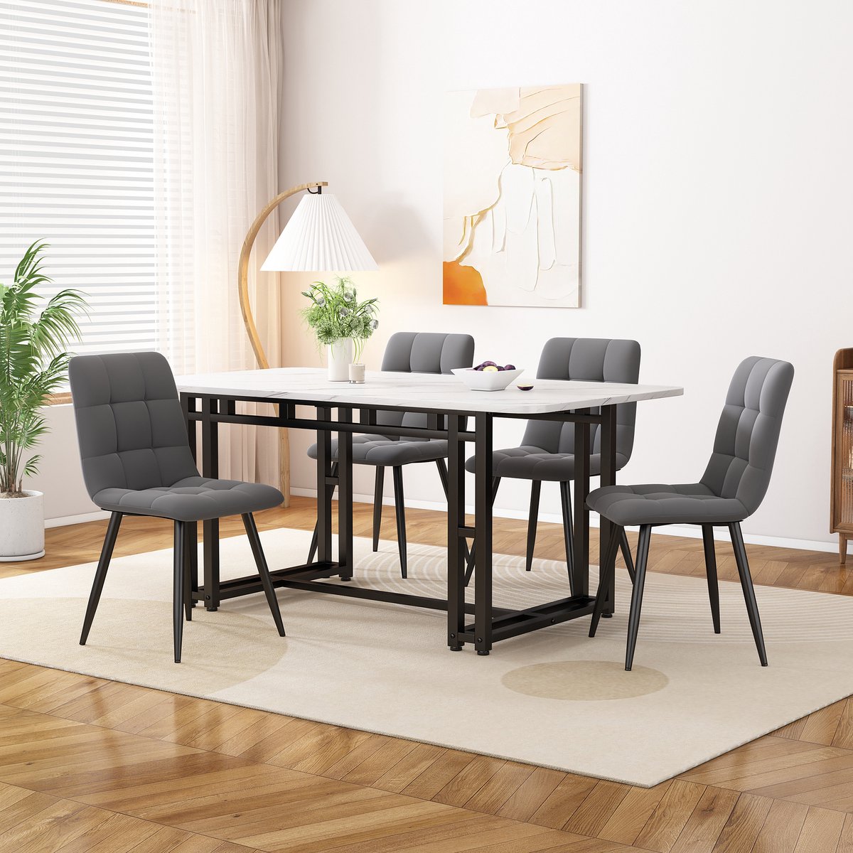 MIVRAY Eettafelset 120 Cm - Met 4 Fluwelen Stoelen - Voor Eetkamer En Woonkamer - MDF En Metaal - Grijs En Zwart