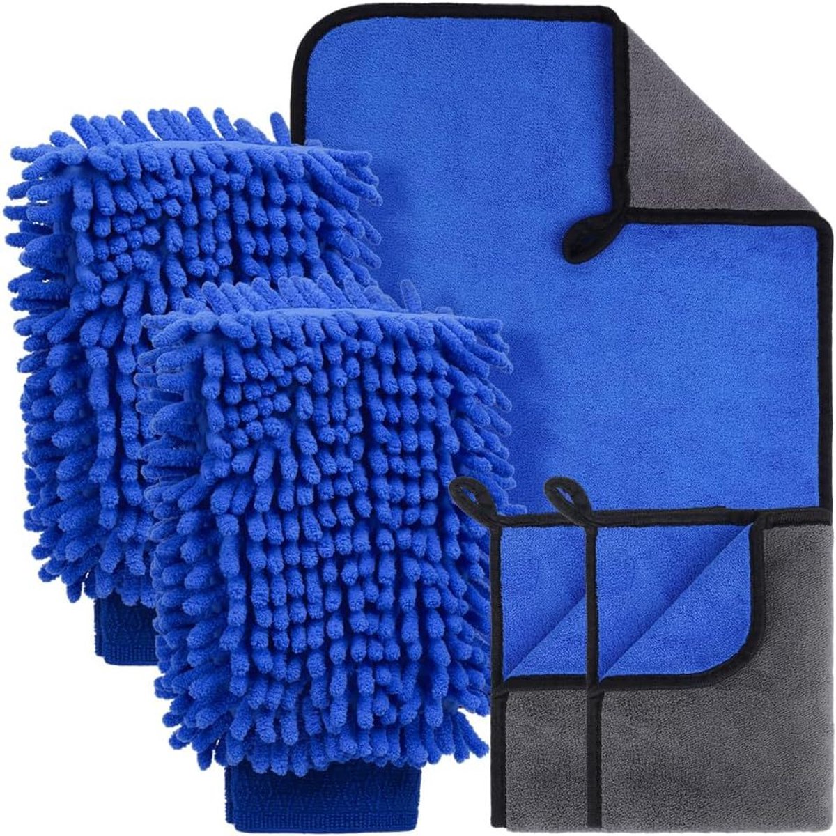 5-delige autopoetsset: 3 x 600 g/m² autowashanddoeken + 2 x autowashandschoenen — Set voor stofverwijdering en absorptie (huishouden & auto) (Blauw)