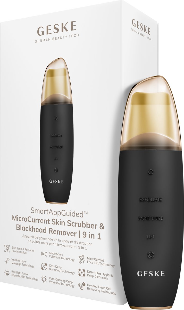 GESKE | SmartAppGuided™ MicroCurrent Skin Scrubber & Blackhead Remover | 9 in 1 | Tools huidverzorging | Gezichtsreiniging | Anti-aging en reiniging | Professionele facelift | Mee-eter verwijderaar