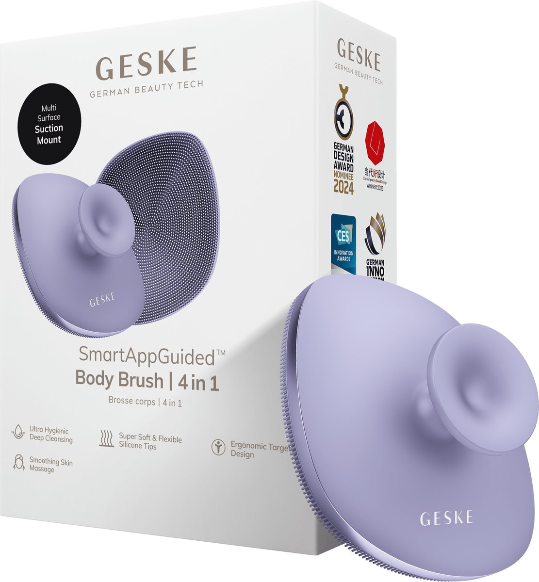 GESKE Body Brush | 4 in 1 | Ontwerp met metalen ring | Reinigingsborstel voor het hele lichaam | Dieptereiniging | Zachte siliconen borstelharen | Ergonomisch ontwerp met twee vingers