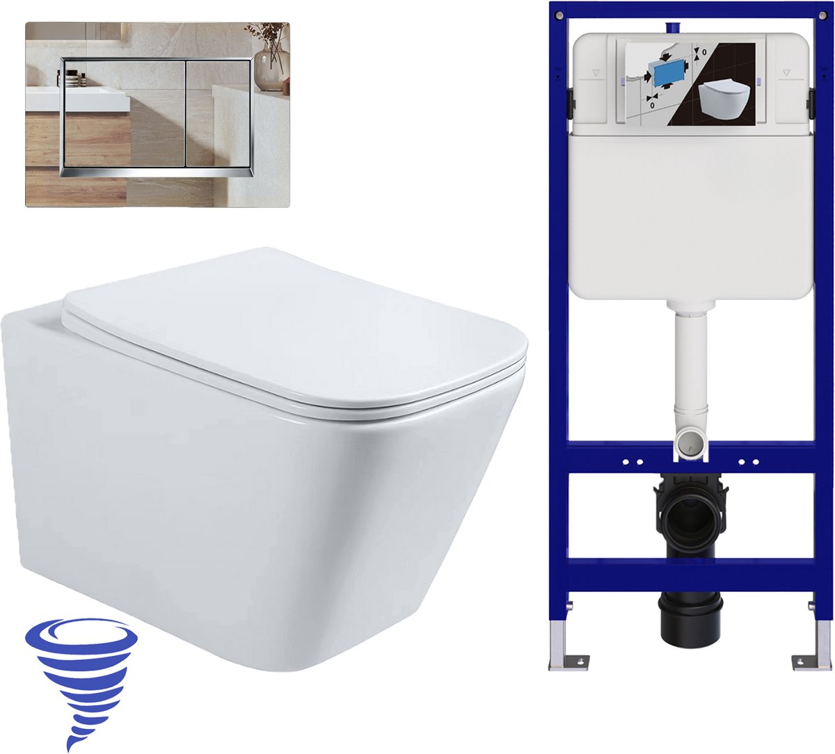 LOMAZOO Hangtoilet met Inbouwreservoir - Vierkant Wit - Drukplaat Vierkant Chroom - Linea