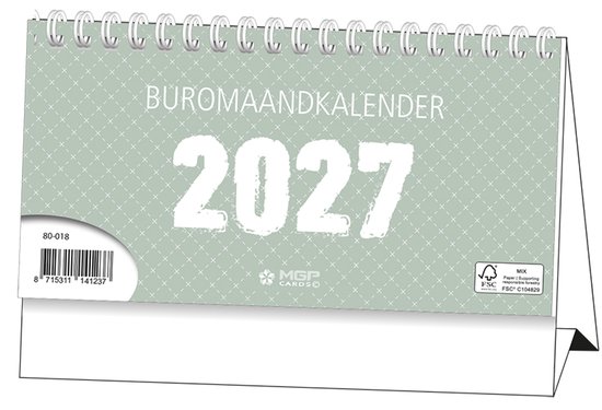 Groene bureau kalender 2027 met ruitpatroon.