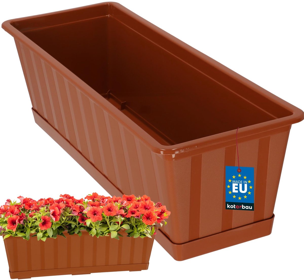 KOTARBAU® Balkonbak, Bloembak voor Balkon, Kunststof, 50 x 18 x 14 cm, Plantenbak, Terracotta, Plantenbak Balkon, met Schotel, Rechthoekig