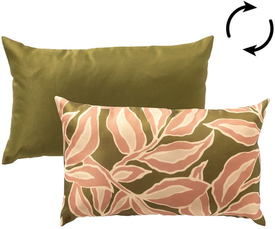 Coussin rectangulaire avec un motif de feuilles vertes aux tons roses et beiges sur une face.