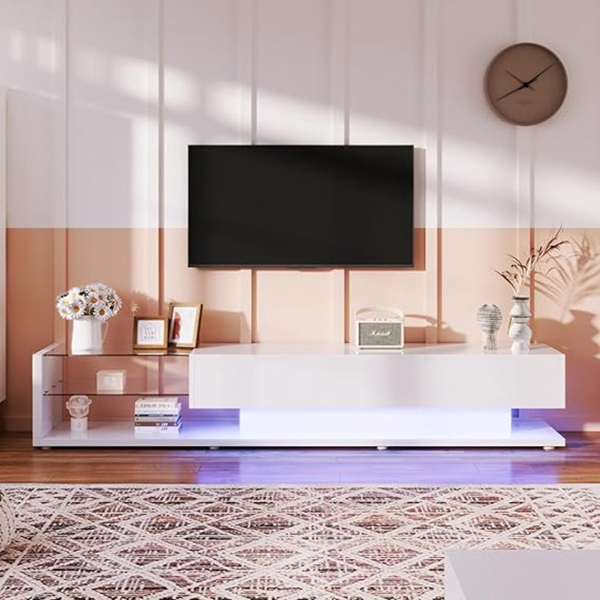 Modern Luxe Wit TV-Meubel met LED Verlichting, 2 Lades & Glazen Planken – 170 x 36 x 38 cm