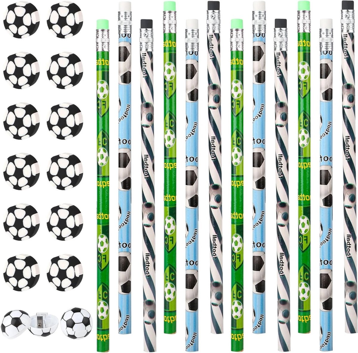 Set van 12 Voetbal Potloden, HB Houten Potloden met 12 Gum en 2 Puntenslijpers, Creatieve Sportartikelen voor Kinderen en Studenten, Perfect voor Feestjes en Cadeaus