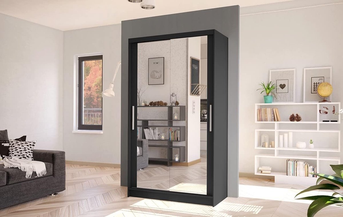Schuifdeur Kledingkast Zwart met Spiegel 200 x 100 x 58 cm - Compacte Garderobekast met 2 Schuifdeuren, 4 Planken en Kledingstang, Moderne Kast voor Slaapkamer en Woonkamer - Vermissen