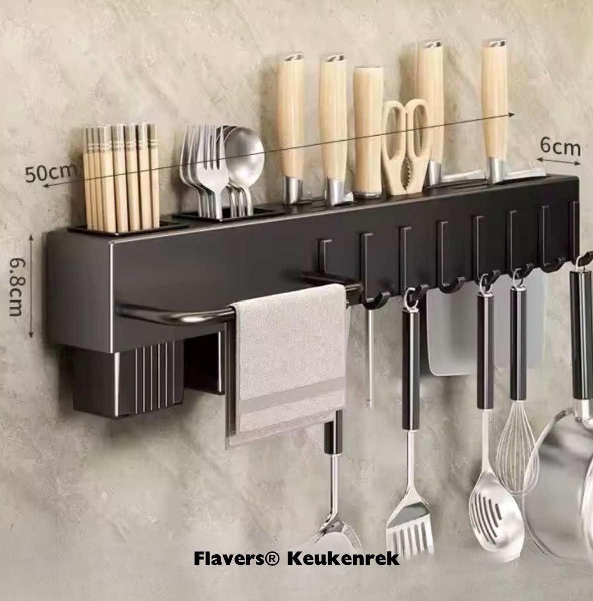 Flavers ® - Zwart - Keukenrek Hangend - ophangbaar - Kruidenrek - keukenrek - muur- roestvrij staal - kookrek - 50 cm - messenblok - wandrek - metaal - keuken organizer - aanrecht organizer - messenhouder - met of zonder boren