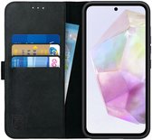 Rosso Deluxe Echt Leer Book Case Hoesje Geschikt voor Samsung Galaxy A35 | Ruimte voor drie pasjes | Portemonnee Book Case | Met Pasjeshouder | Zwart