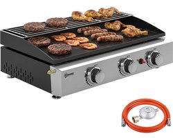 Gasgrill - Gasbarbecue met 3 Branders - Draagbare Gasbarbecue en grill - 7,5 kW - Grillwagen - Tafelgrill - met Keramische Coating, Grillrooster & Warmhoudrek - 62 x 44 x 21 cm - Zwart