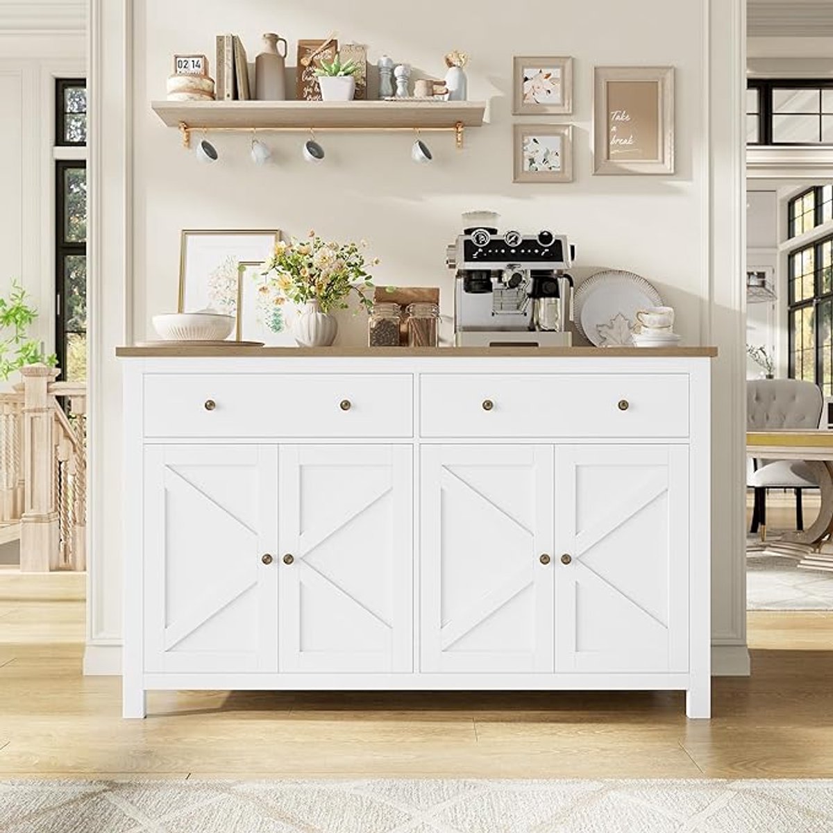 Moderne Keukenbuffetkast 140 cm met Werkblad – Dressoir met 2 Laden & 4 Deuren – Verstelbare Planken Opbergkast voor Keuken, Woonkamer & Eetkamer – Wit Landelijk Design – Mobili Bella