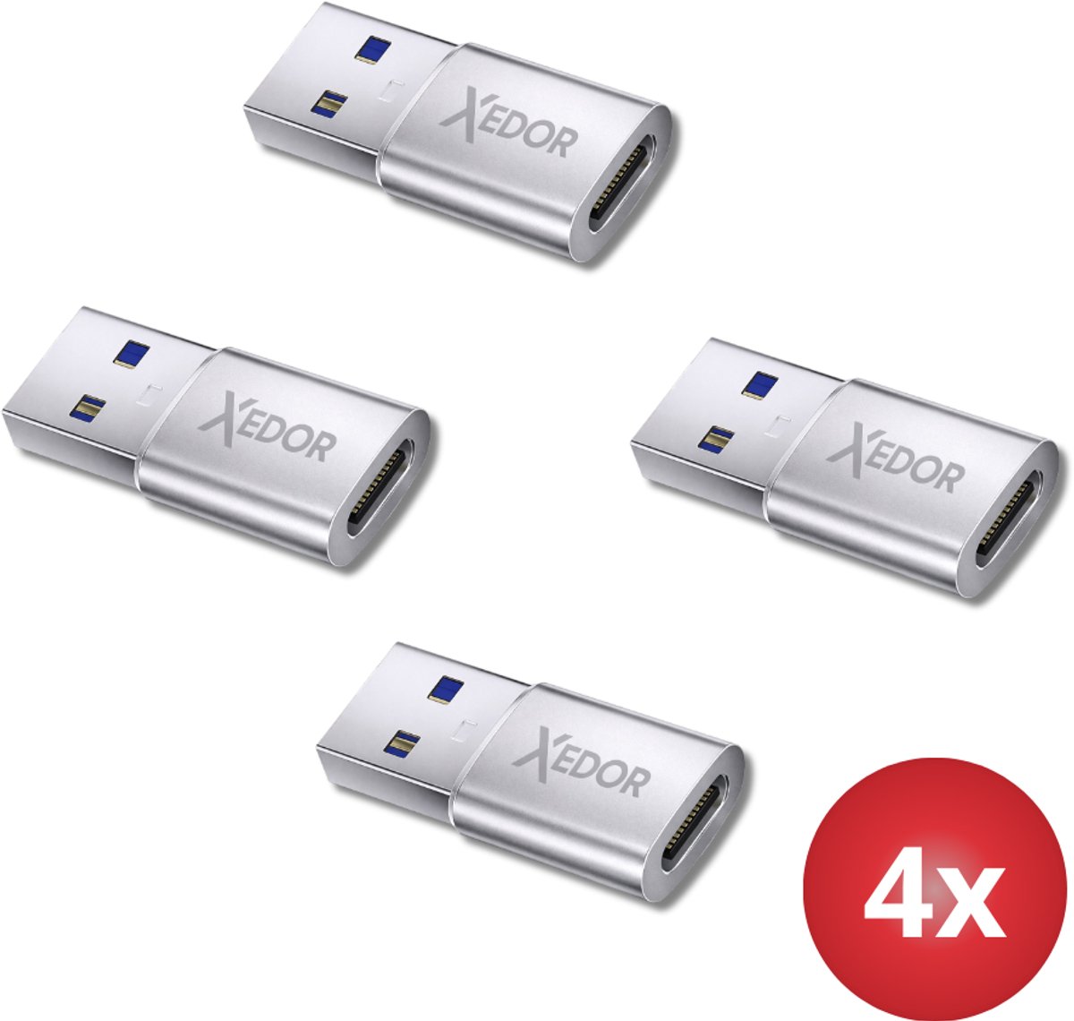 Xedor® Nexa – USB A naar USB C Adapter – 4 Stuks – USB 3.2 Gen 1 – 5 Gbps – Laptops, Smartphones & USB sticks – Zilver