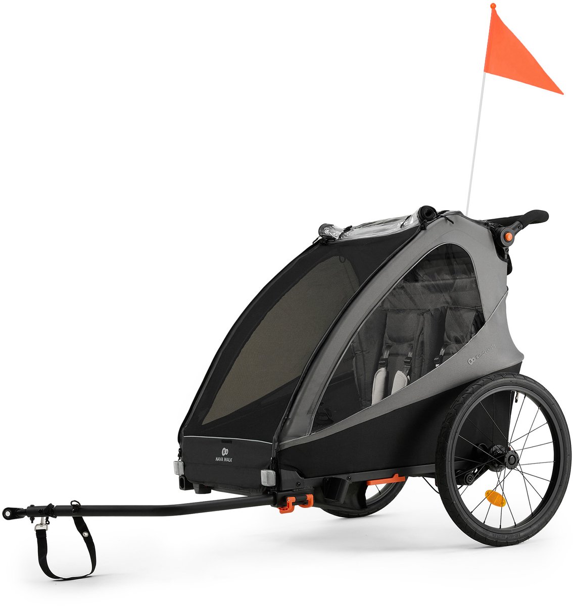 Kinderkraft NAVA WALK - 2-in-1 fietskar voor 2 kinderen luchtbanden met vering verstelbare rugleuning - Grijs