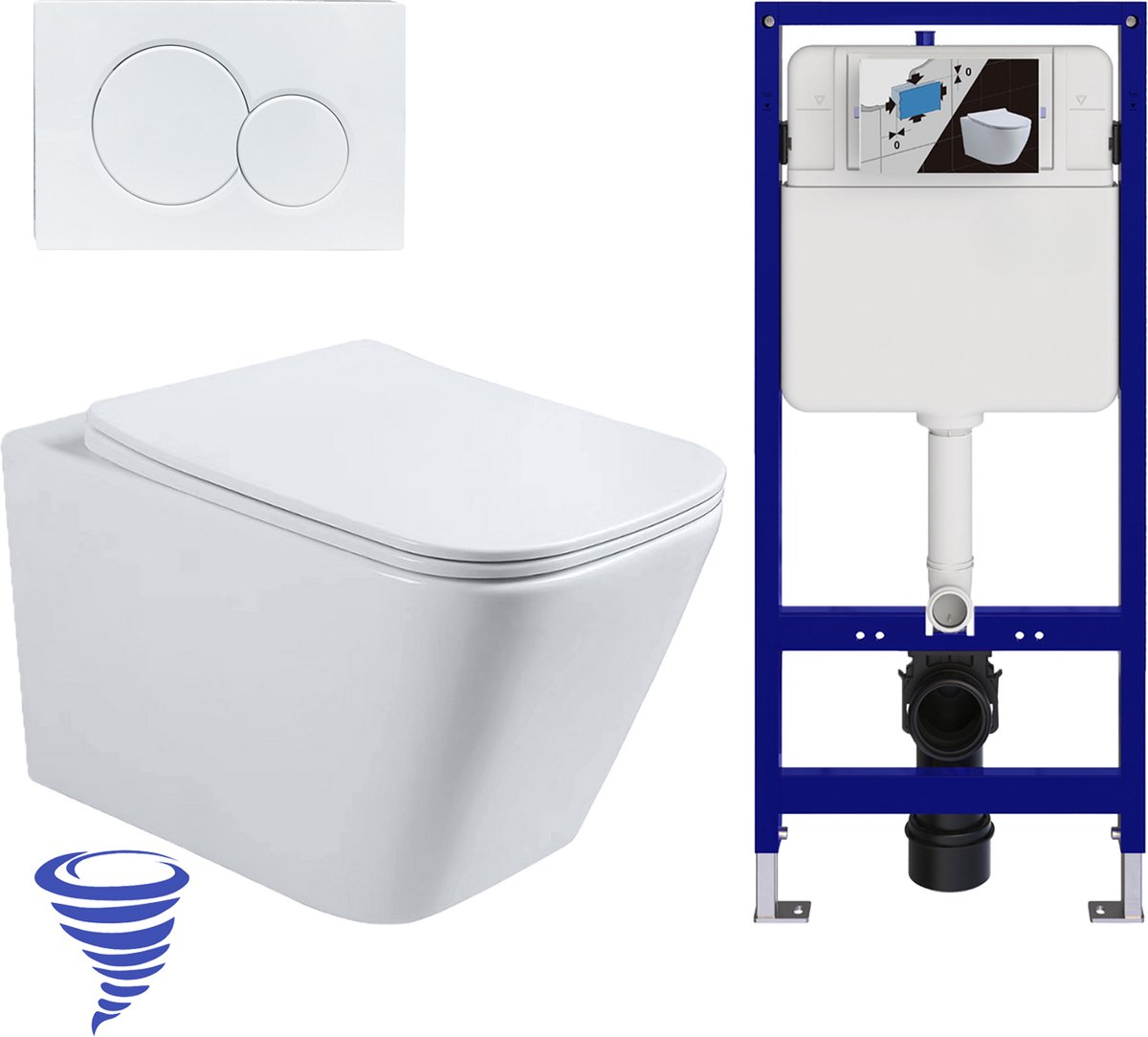 LOMAZOO Hangtoilet met Inbouwreservoir - Vierkant Wit - Drukplaat Rond Wit - Linea