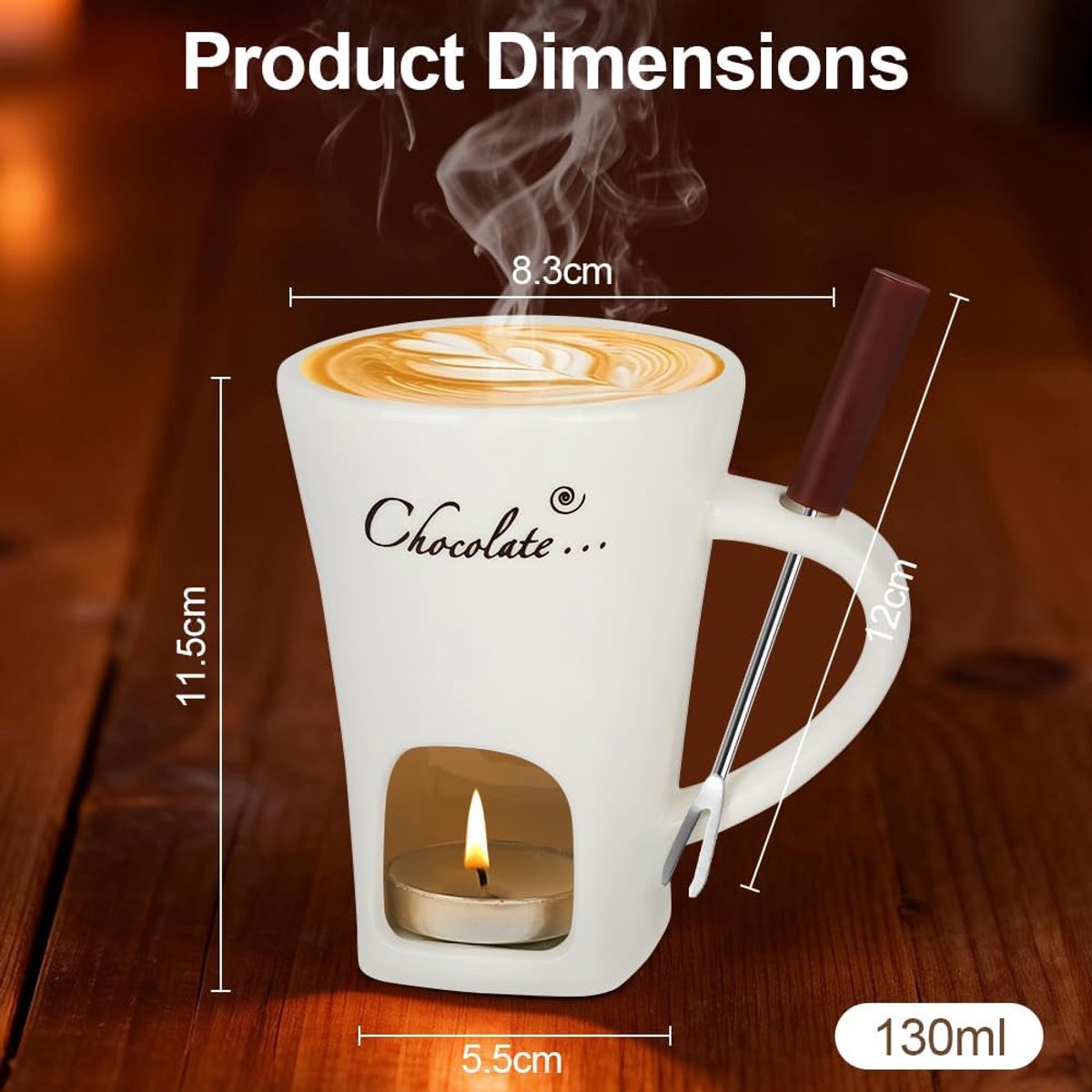 Chocolade Fondue Set - Perfect Smelten & Warmhouden - Keramische Fonduepot met Kaarshouder - Inclusief Vork - Compact 130ml - Voor Dessert Fruit Kaas - Mini Fondue Beker Chocoladepot — cadeau in Kookcadeaus - foto 6
