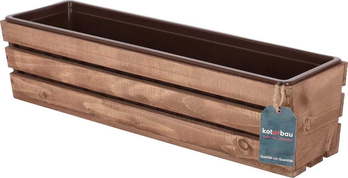 KOTARBAU® Houten Plantenbak, Bloembak Hout, 60 x 18 x 15 cm, Bruin, Balkonbak, met Kunststof Inzetstuk, voor Terras, Balkon, Deko Planten
