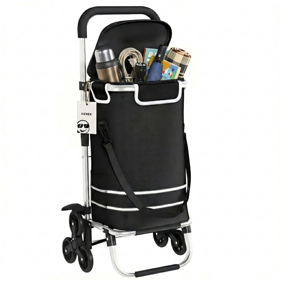 Geweo Boodschappentrolley - boodschappentrolley met koelvak - Boodschappenwagen - Opvouwbare Boodschappenwagen( 41L) met 6 Wielen - Trolley met Afneembare Boodschappentas - Boodschappen Wagen met Traploper - Zwart