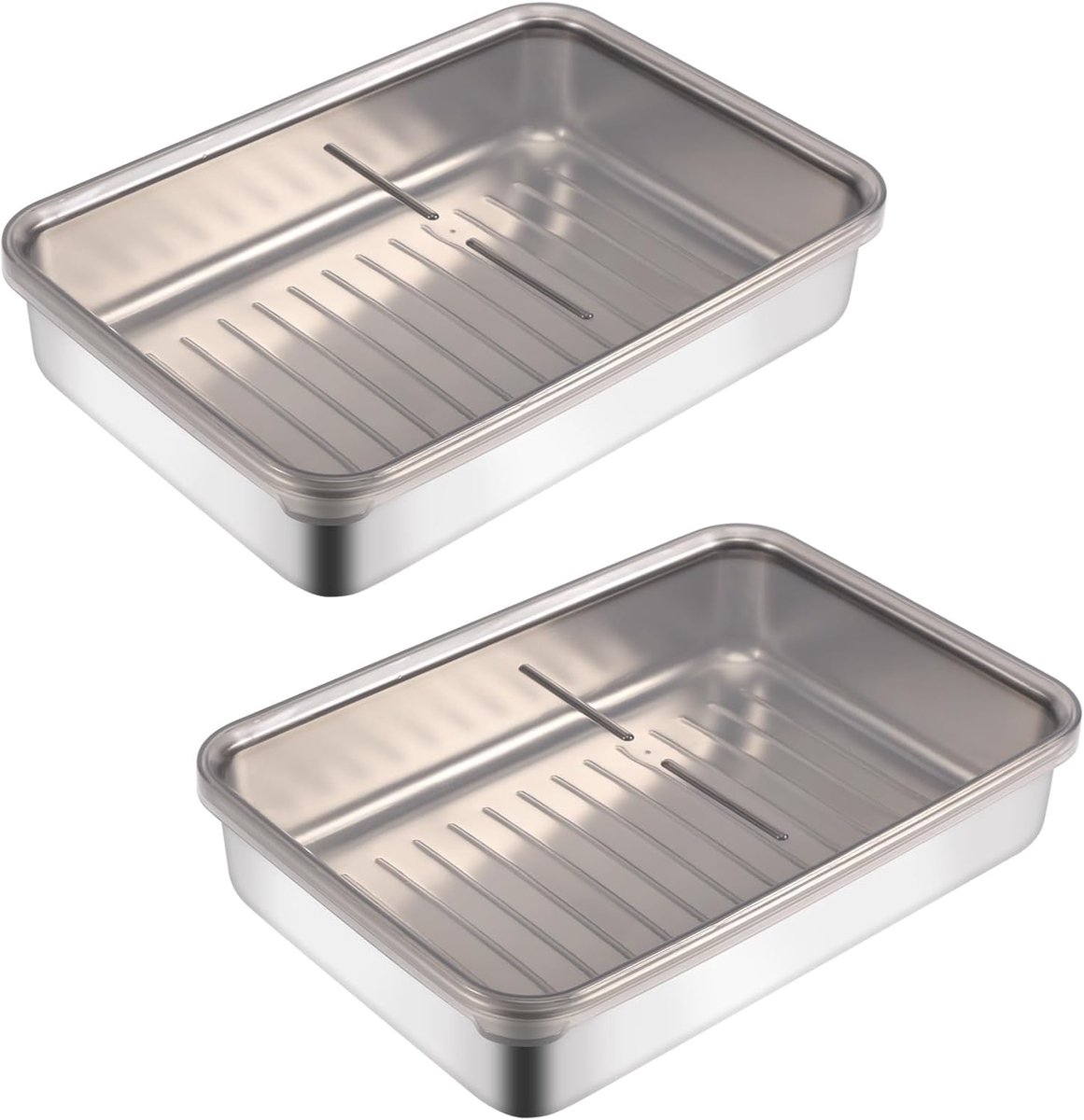 Een set van 2 voedselbewaarcontainers - gemaakt van roestvrij staal - met een transparant deksel - diepvriescontainers - geschikt voor het bewaren van kaas, vleeswaren, enz. - vaatwasmachinebestendig - stapelbaar